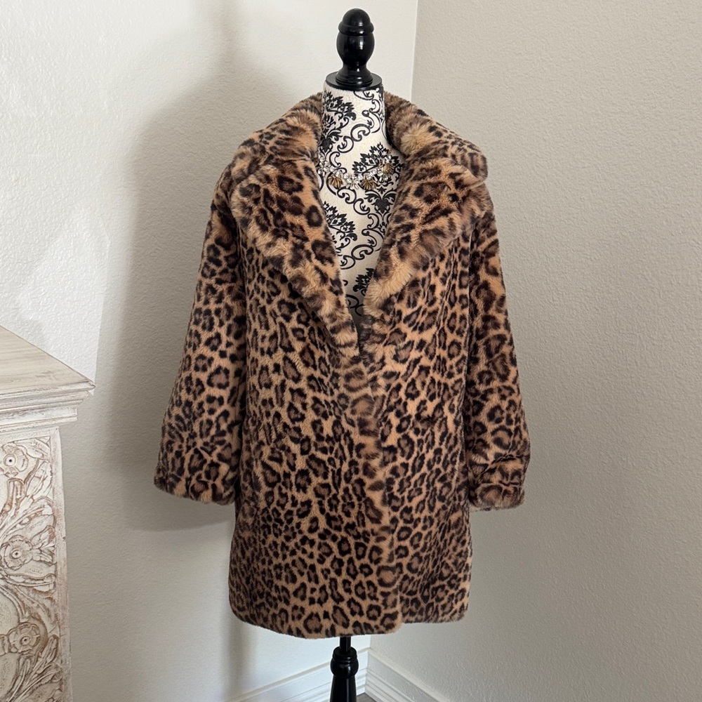 NWT Donna Salyers Le Mink Leopard Fabulous Furs Faux Fur Coat Women’s Size S